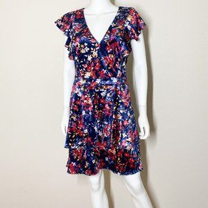 Parker Floral Velvet Ruffle Dress Large Blue Red V-Neck Tiered Knee-Length
